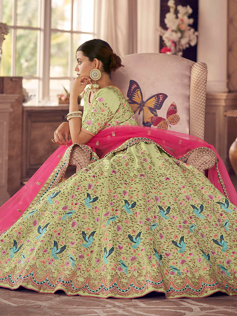 Myra Pista Green Art Silk Heavy Embroidered Lehenga - Distacart