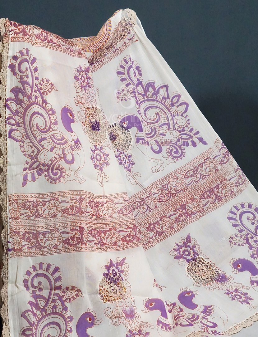 Cream Colour Block Print Crocia Mulmul Cotton Saree By Gayathri Reddy Designer Studio - Distacart