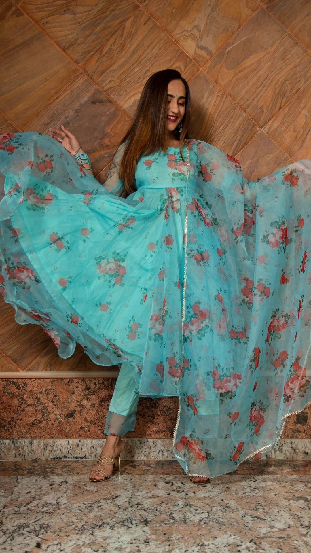 Pomcha Jaipur Blue And Red Floral Organza Anarkali Set - Distacart