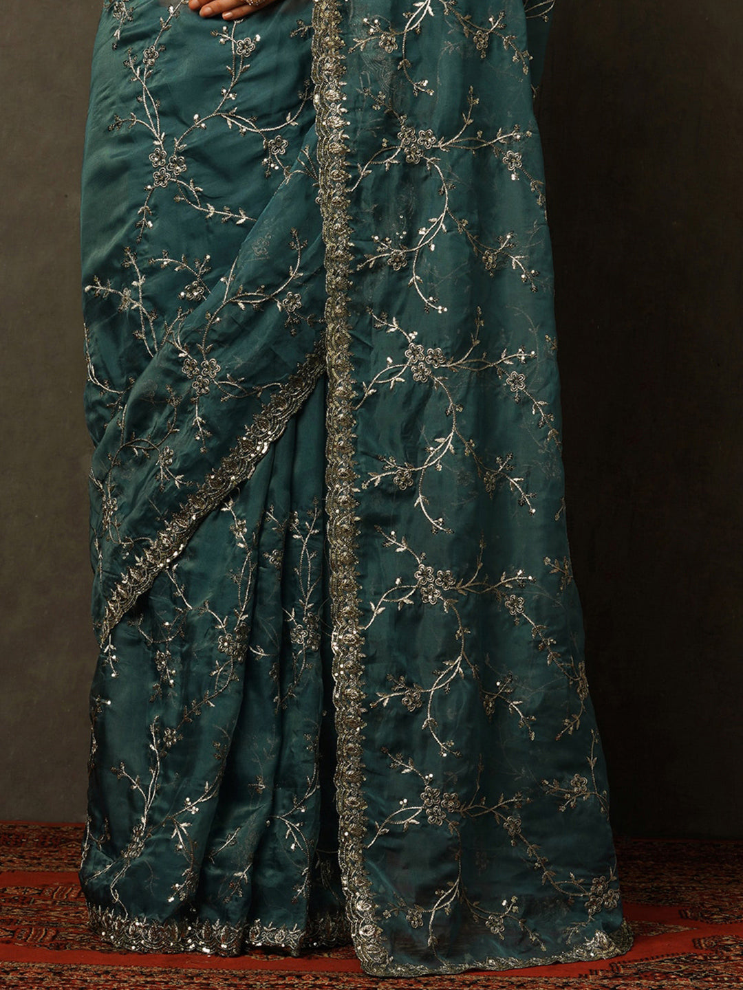 Mitera Floral Embroidered Sequinned Organza Saree - Distacart