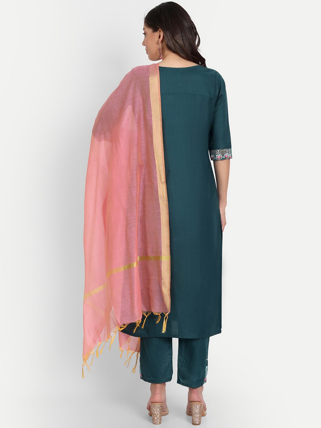 Kalini Floral Yoke Design Regular Thread Work Kurta with Trousers & With Dupatta - Distacart