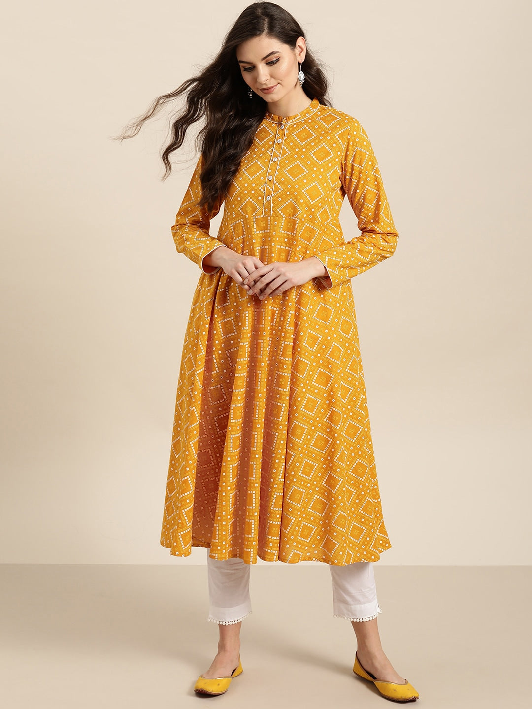 Sangria Women Mustard Yellow & Red Printed A-Line Kurta - Distacart