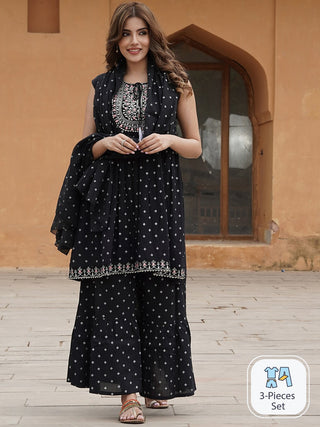 Kalini Ethnic Motifs Printed Tie-Up Neck Thread Work A-Line Kurta with Sharara & Dupatta - Distacart