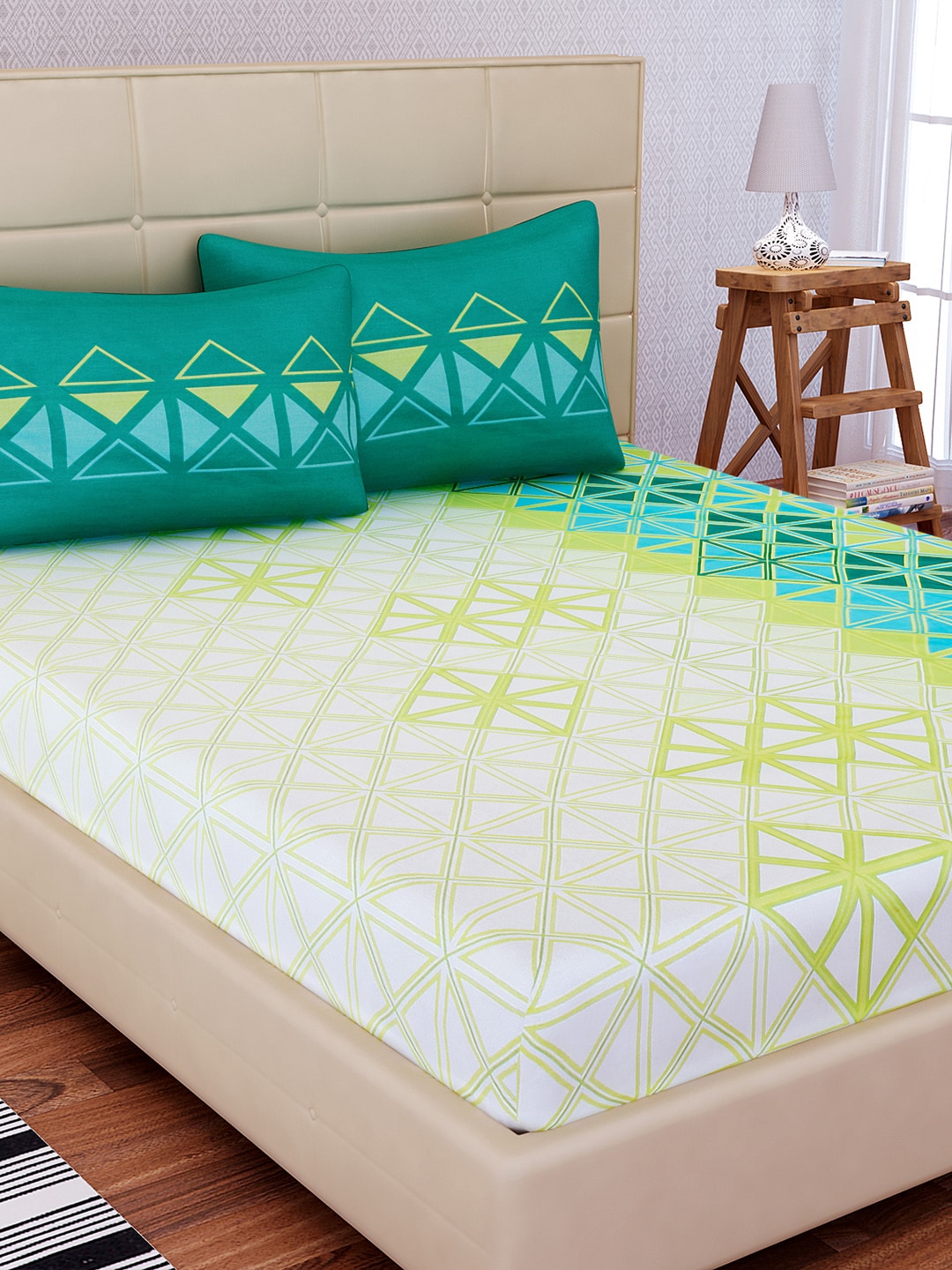 SEJ by Nisha Gupta Off-White Geometric Flat 144 TC 1 Double Bedsheet 2 Pillow Covers - Distacart