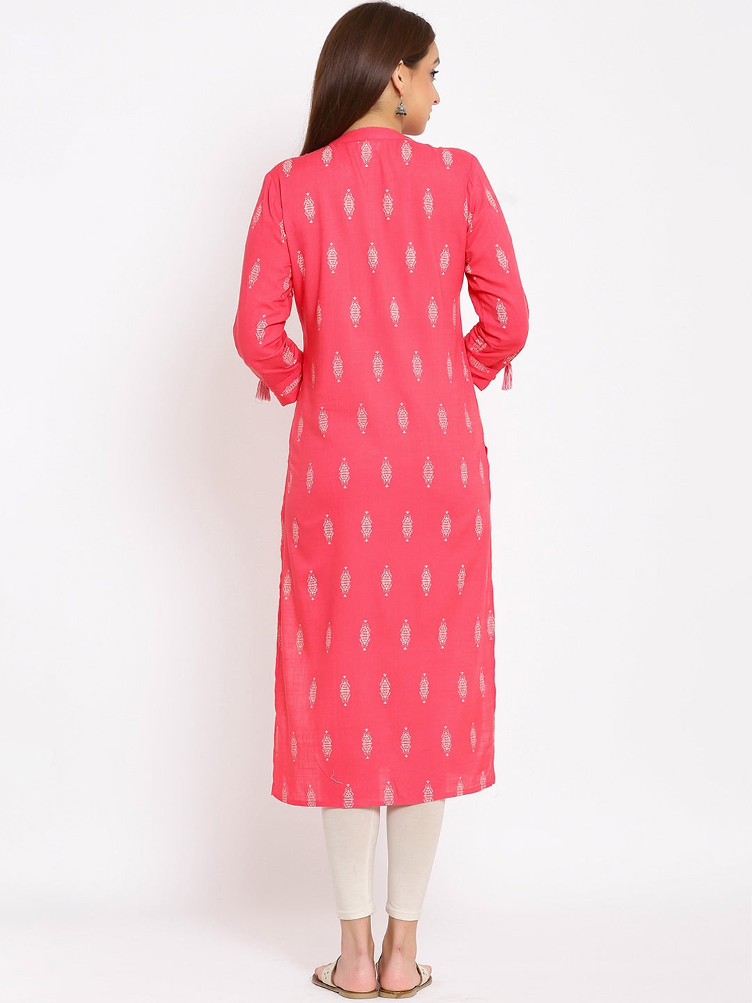 HERE&NOW Pink Mandarin Collar Ethnic Motifs Printed Pure Cotton Kurta - Distacart