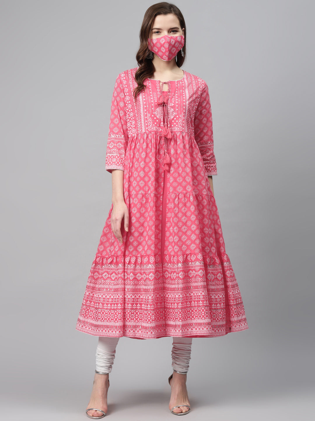 Biba Women Pink & White Printed Pure Cotton Anarkali Kurta & Mask - Distacart