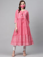 Thumbnail for Biba Women Pink & White Printed Pure Cotton Anarkali Kurta & Mask - Distacart