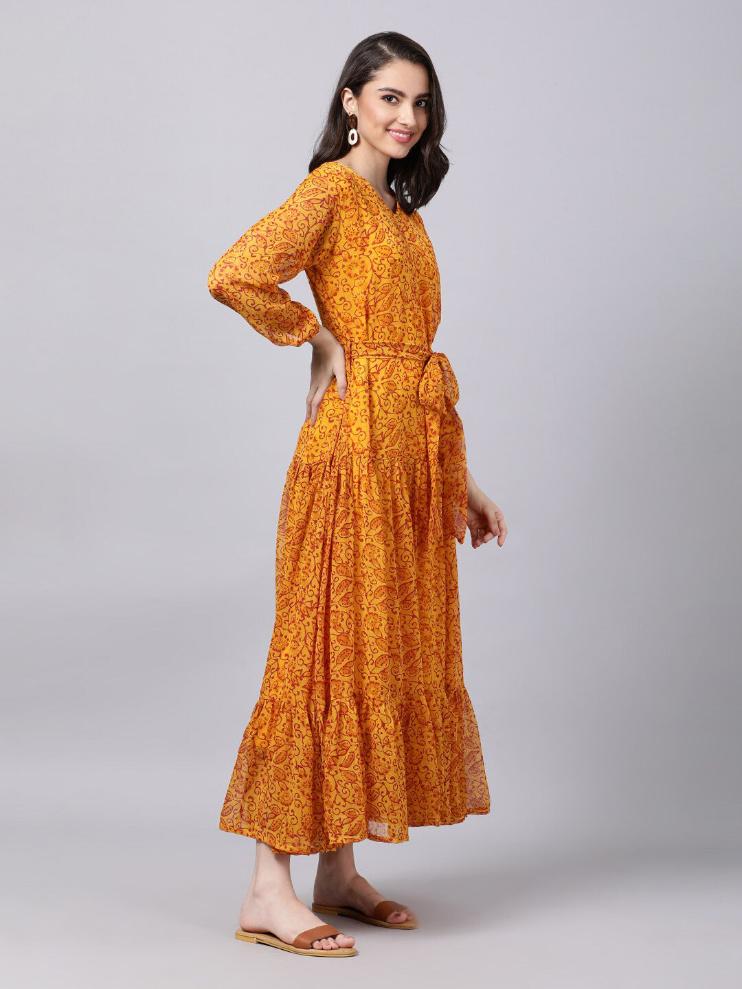 Souchii Yellow Floral Layered Chiffon Maxi Dress - Distacart