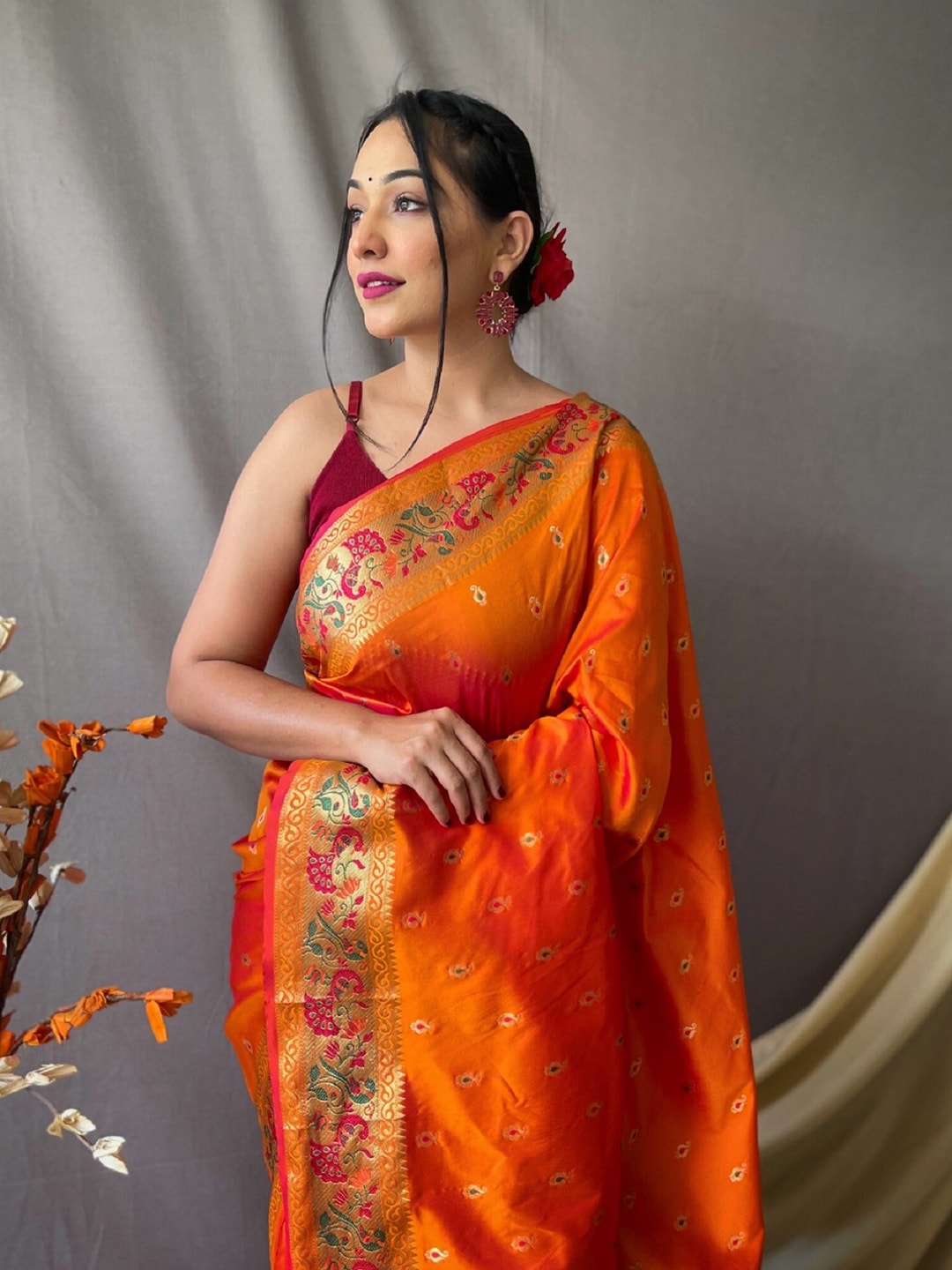 Mitera Orange & Green Ethnic Motif Woven Design Zari Paithani Saree - Distacart