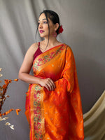 Thumbnail for Mitera Orange & Green Ethnic Motif Woven Design Zari Paithani Saree - Distacart