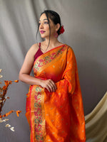 Thumbnail for Mitera Orange & Green Ethnic Motif Woven Design Zari Paithani Saree - Distacart