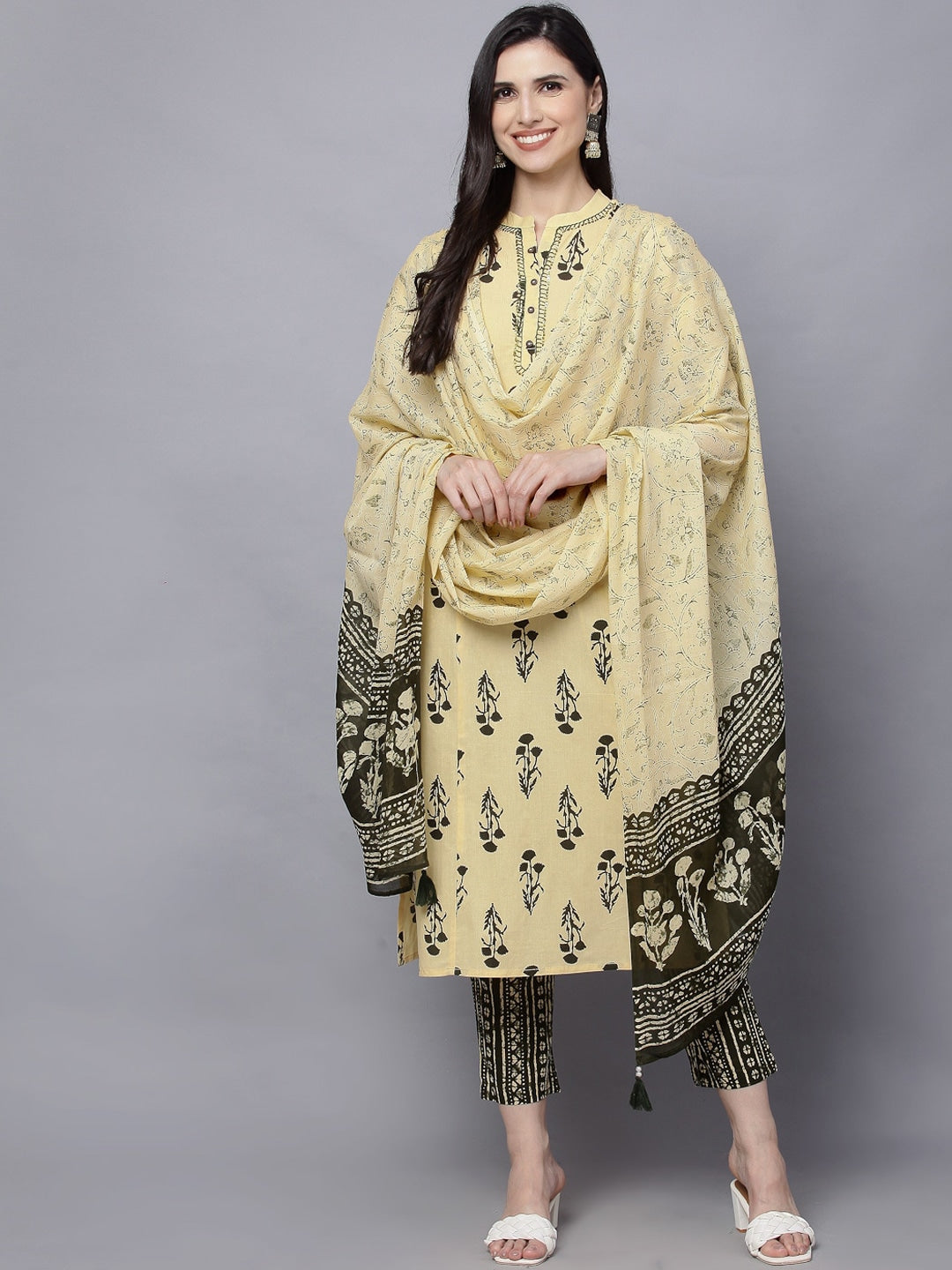 HERE&NOW Women Yellow Ethnic Motifs Printed Pleated Pure Cotton Kurti with Trousers & With Dupatta - Distacart