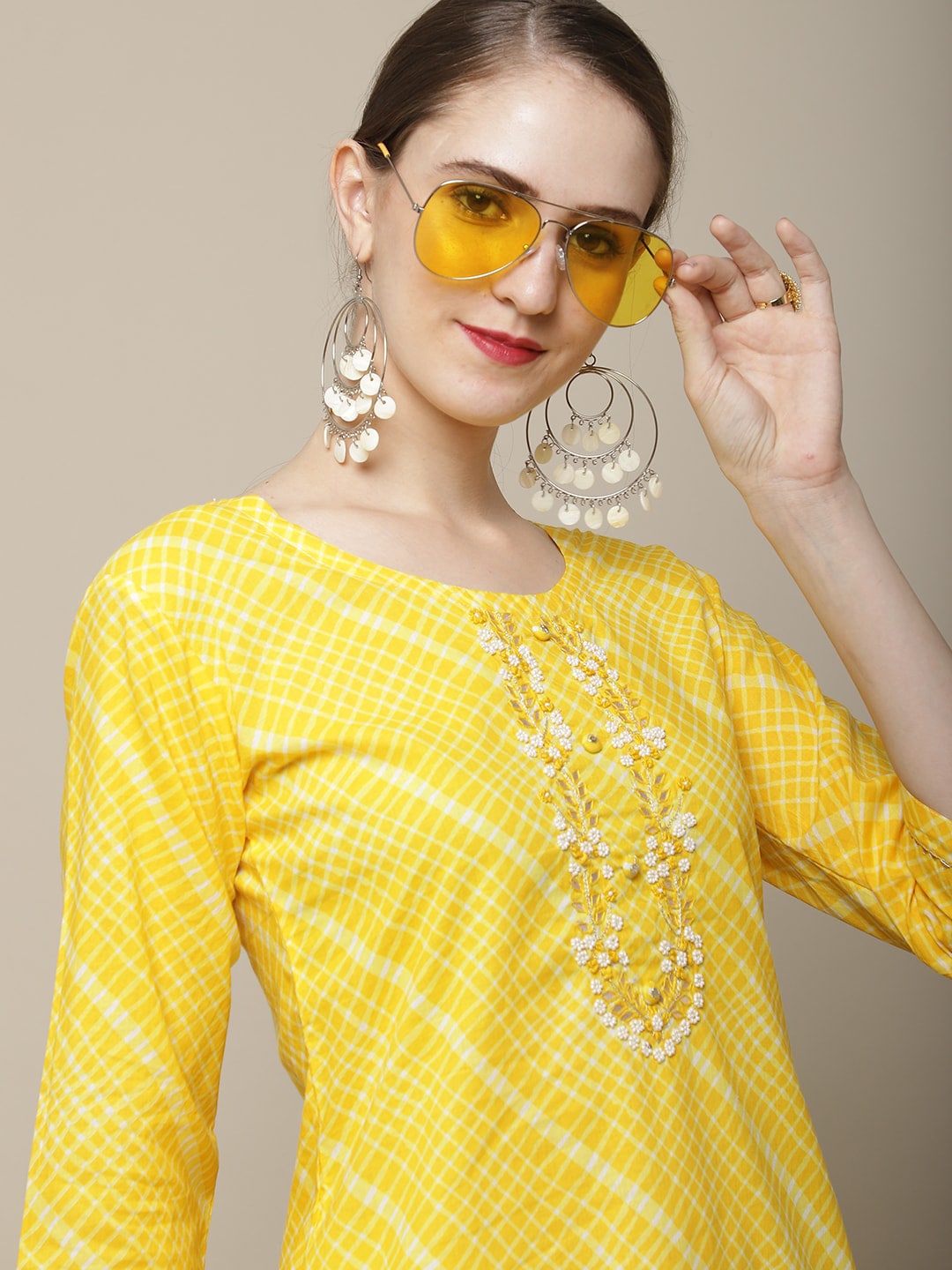 Sangria Women Yellow & White Embellished Cotton Straight Kurta - Distacart