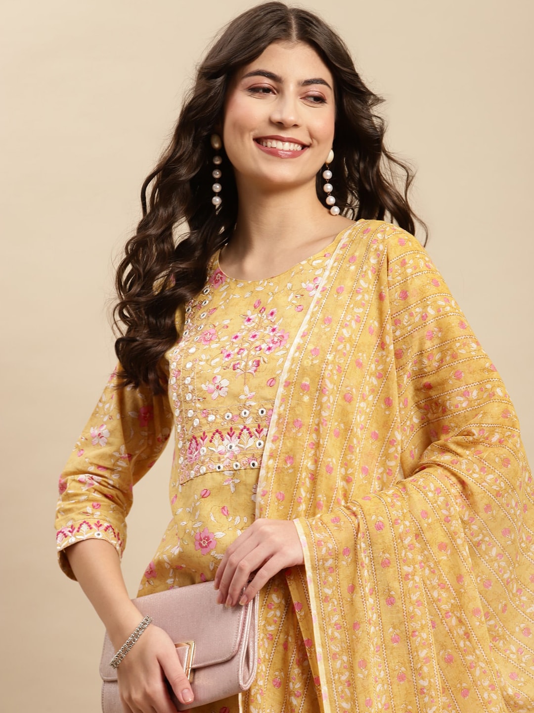 Sangria Yellow & Pink Floral Printed Pure-Cotton Straight Kurta With Trouser & Dupatta - Distacart
