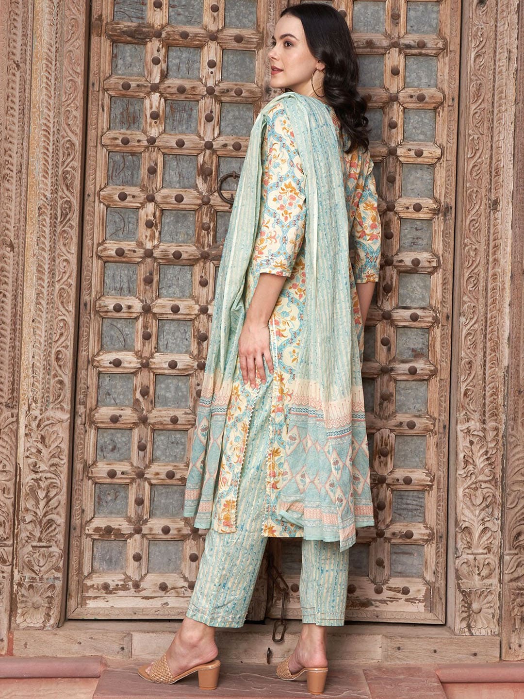Sangria Orange Floral Printed Cotton Straight Kurta with Trousers & Dupatta - Distacart