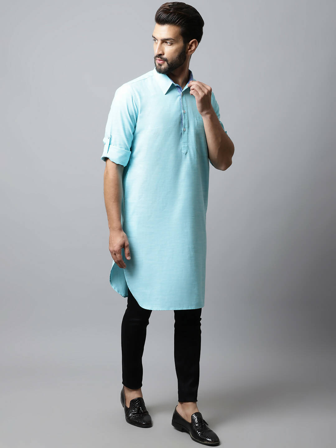 Even Apparels Blue Color Pure Cotton Solid Men's Kurta With Shirt Collar (SLD1132) - Distacart