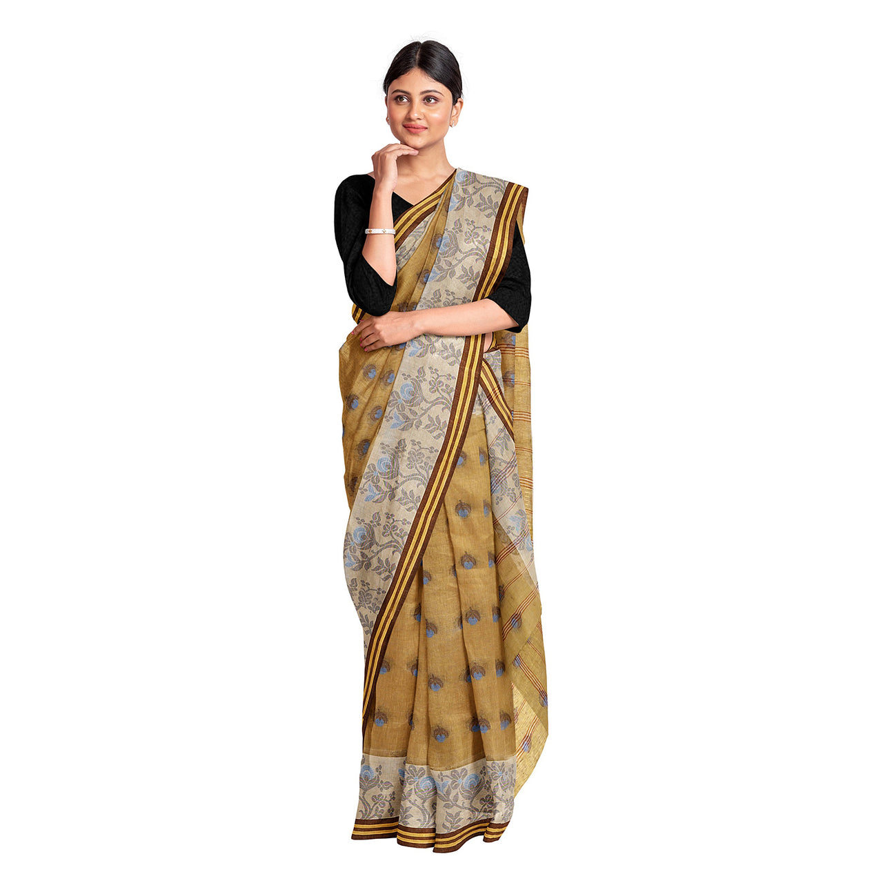 Exclusive Collection 100% Pure Cotton Light Beige Tant Saree With Hand Weaving Work - Distacart