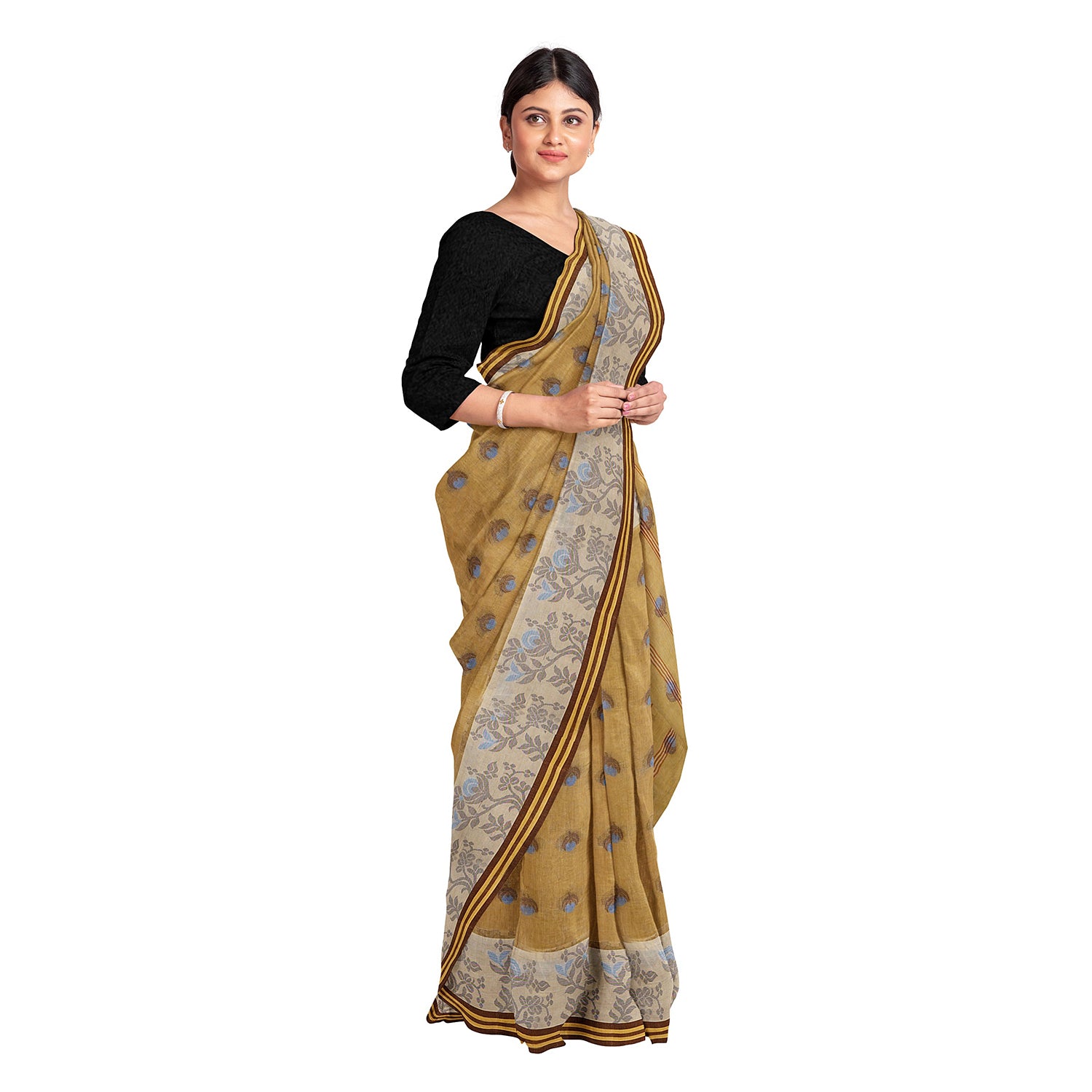 Exclusive Collection 100% Pure Cotton Light Beige Tant Saree With Hand Weaving Work - Distacart