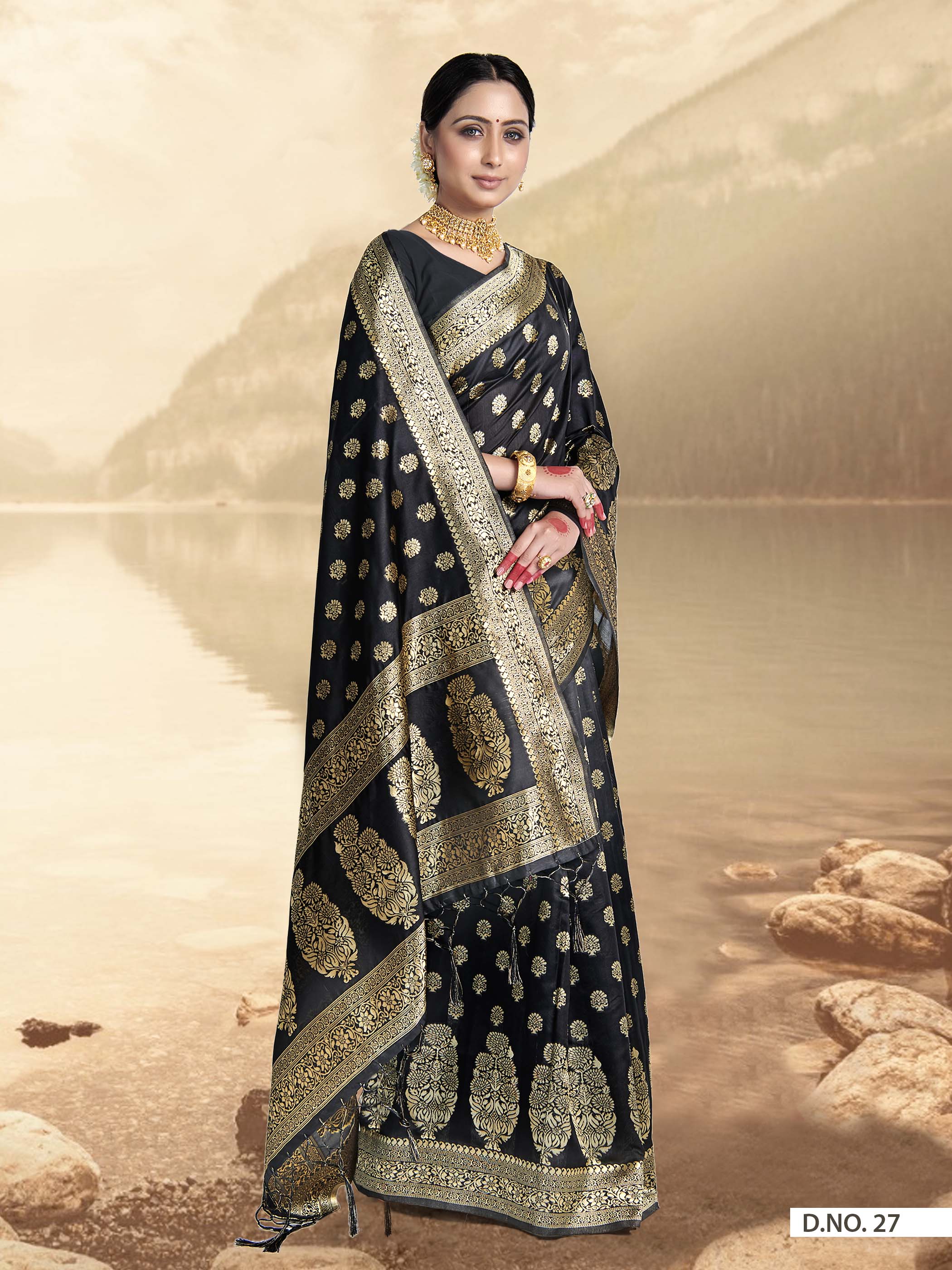 Vardha Black Woven Zari Florals Banarasi Saree