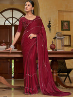 Thumbnail for Mitera Burgundy & Gold-Toned Embellished Mukaish Pure Chiffon Saree - Distacart