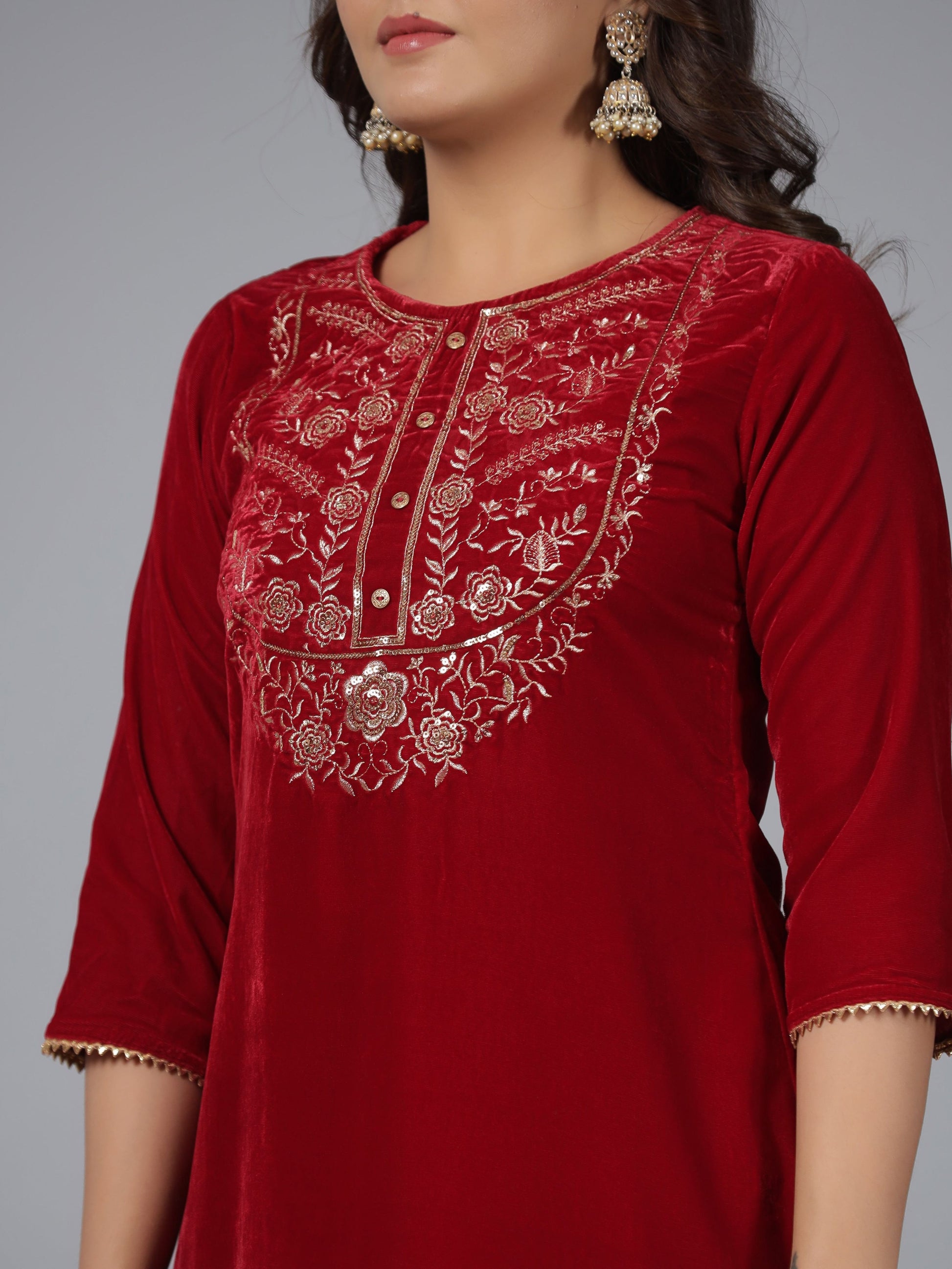 Juniper Women Maroon Velvet Embroidered Kurta & Pants Set - Distacart