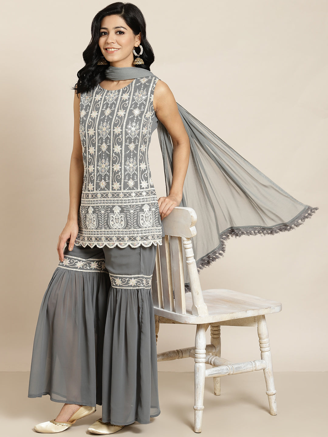 Juniper Womens Grey Georgette Embroidered Kurta With Santoon Lining, Solid Embroidered Garara & Shiffon Solid Dupatta Set - Distacart