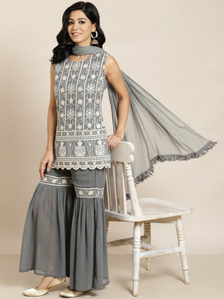 Juniper Womens Grey Georgette Embroidered Kurta With Santoon Lining, Solid Embroidered Garara & Shiffon Solid Dupatta Set - Distacart