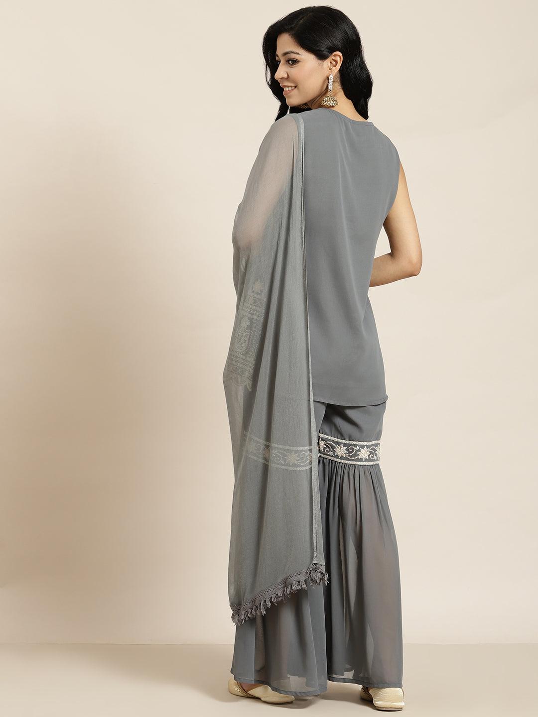 Juniper Womens Grey Georgette Embroidered Kurta With Santoon Lining, Solid Embroidered Garara & Shiffon Solid Dupatta Set - Distacart
