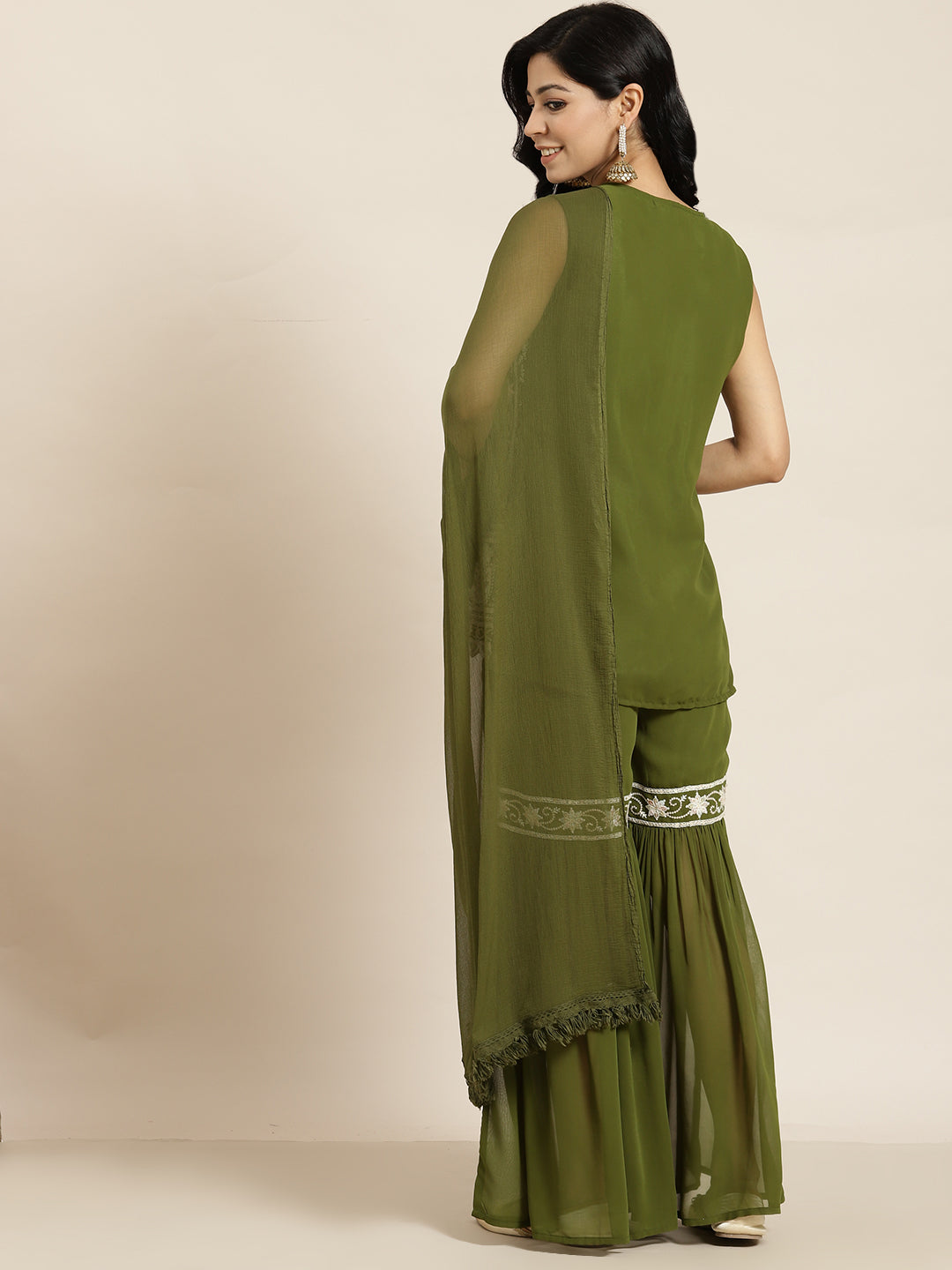 Juniper Womens Mehandigreen Georgette Embroidered Kurta With Santoon Lining,Solid Embroidered Garara And Shiffon Solid Dupatta Set - Distacart