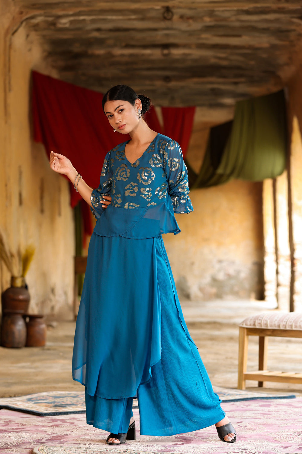 Juniper Women's Teal Georgette Solid Peplum Clothing Set - Distacart