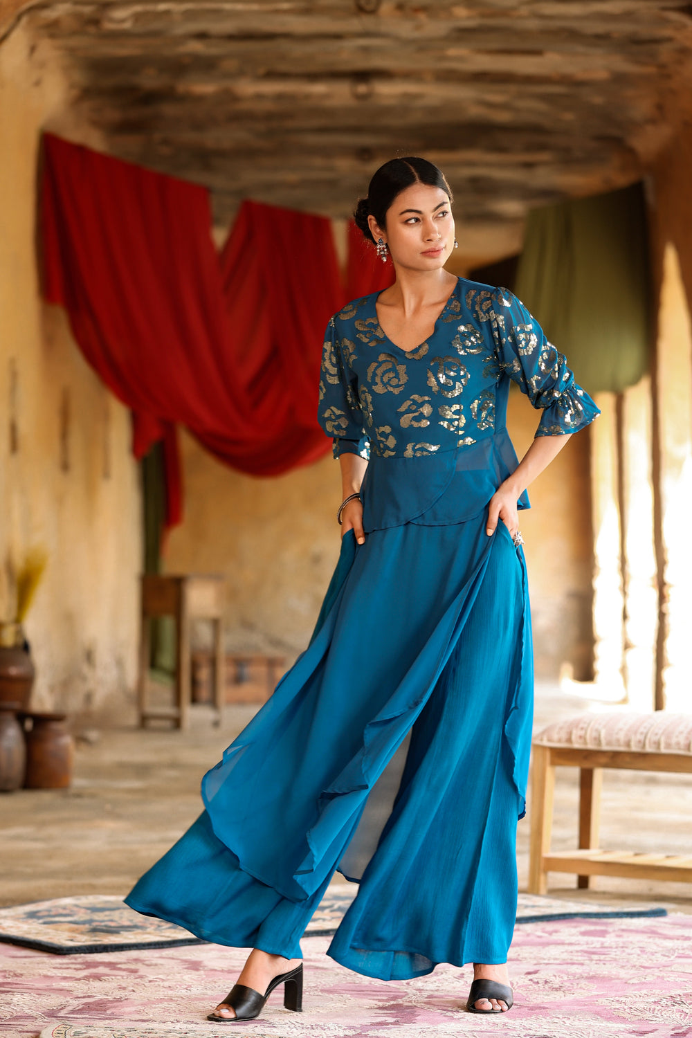 Juniper Women's Teal Georgette Solid Peplum Clothing Set - Distacart