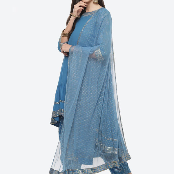 Biba Women Blue & Gold-Coloured Pleated Thread Work Kurta with Dhoti Pants & Dupatta - Distacart