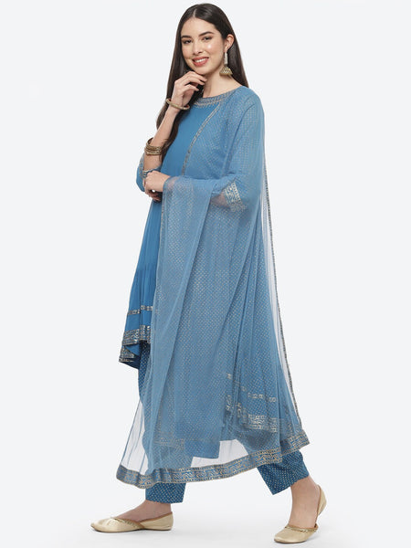 Biba Women Blue & Gold-Coloured Pleated Thread Work Kurta with Dhoti Pants & Dupatta - Distacart