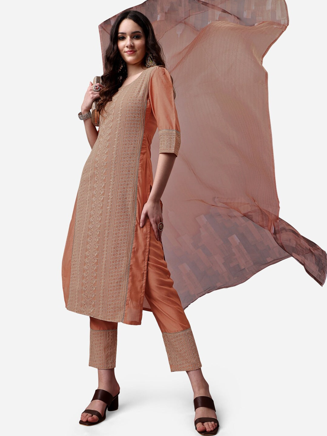 HERE&NOW Lucknowi Chikankari Schiffli Chanderi Silk Kurta Trousers with Organza Dupatta - Distacart