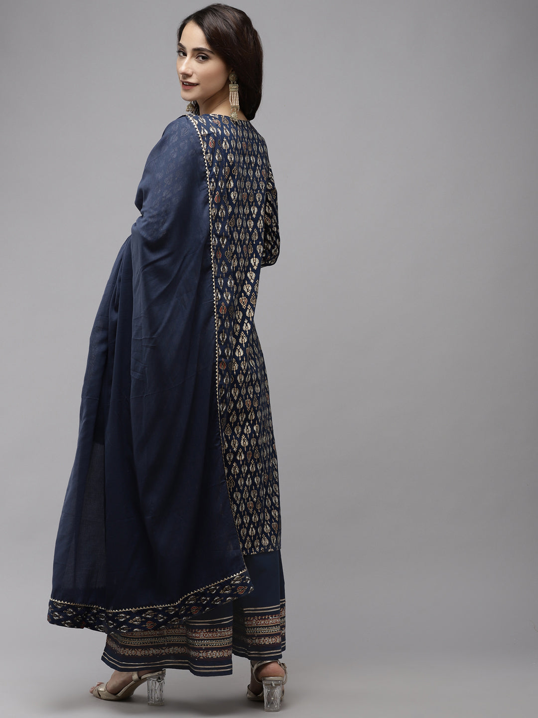 Ishin Women Navy Blue Floral Embroidered Regular Gotta Patti Pure Cotton Kurta with Palazzos & With Dupatta - Distacart