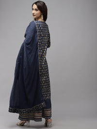 Thumbnail for Ishin Women Navy Blue Floral Embroidered Regular Gotta Patti Pure Cotton Kurta with Palazzos & With Dupatta - Distacart
