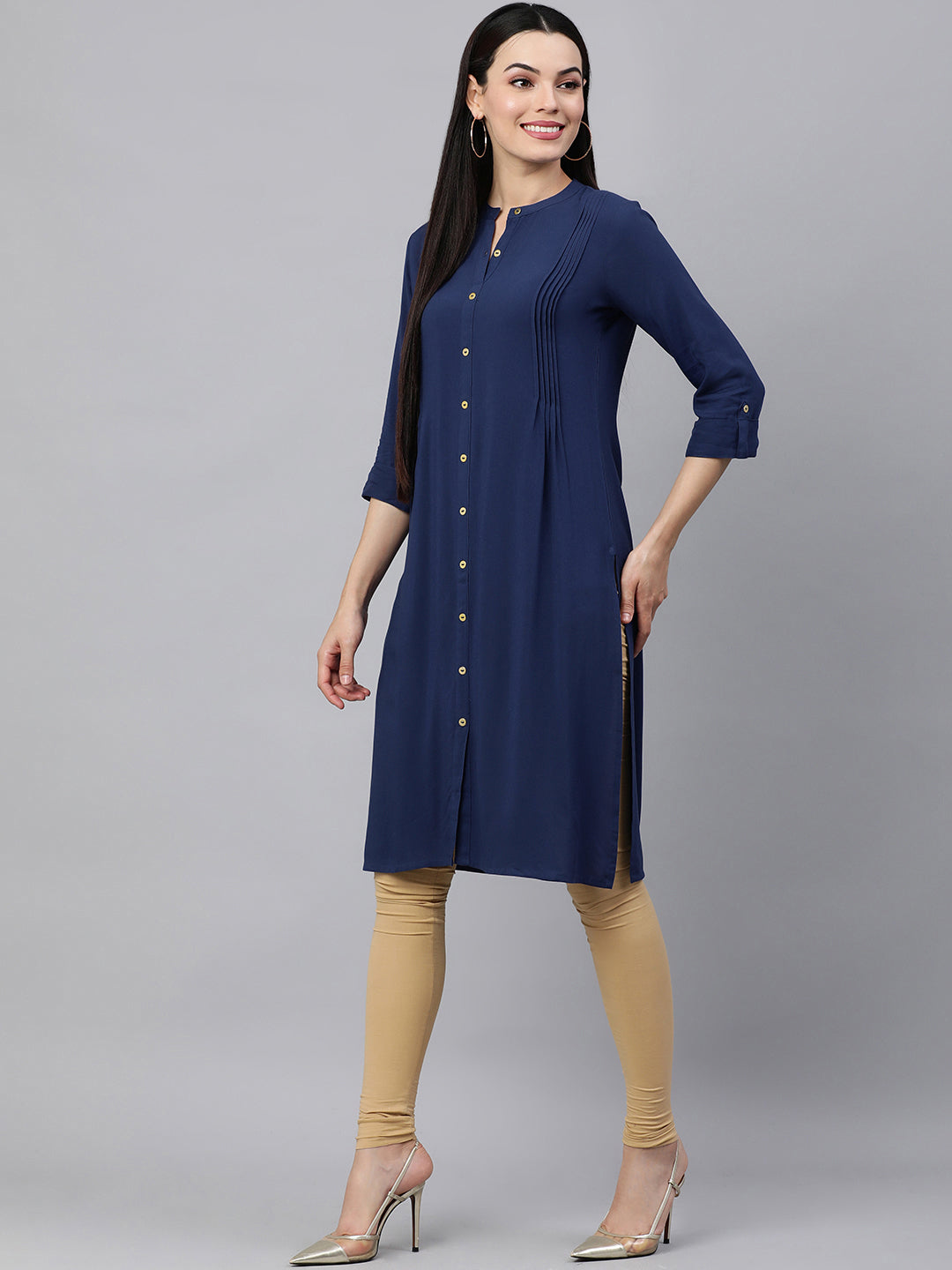 Kalini Women Navy Blue Solid Roll-Up Sleeves Kurta - Distacart
