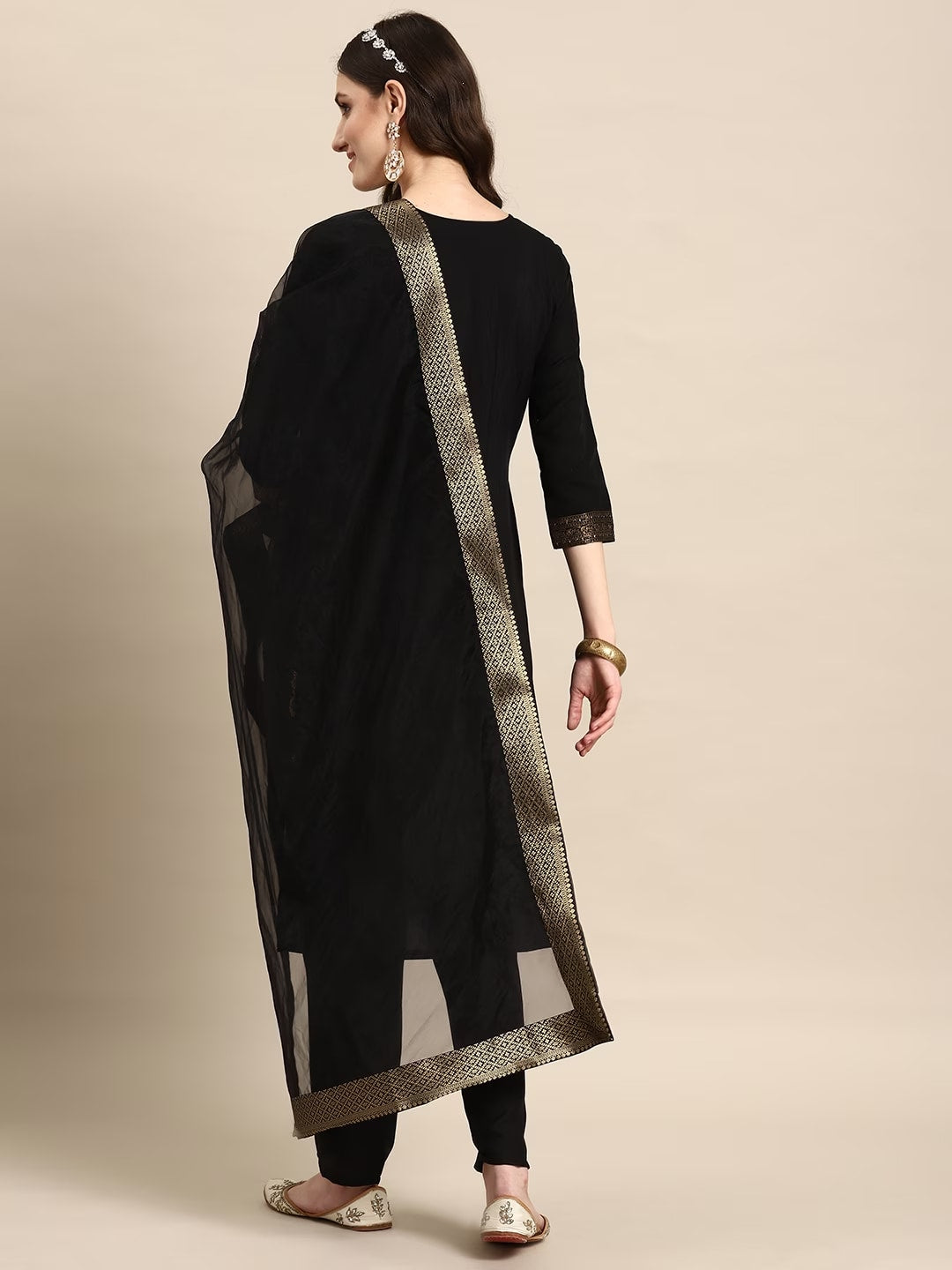Sangria Women Black Floral Yoke Design Regular Kurta with Trousers & With Dupatta - Distacart