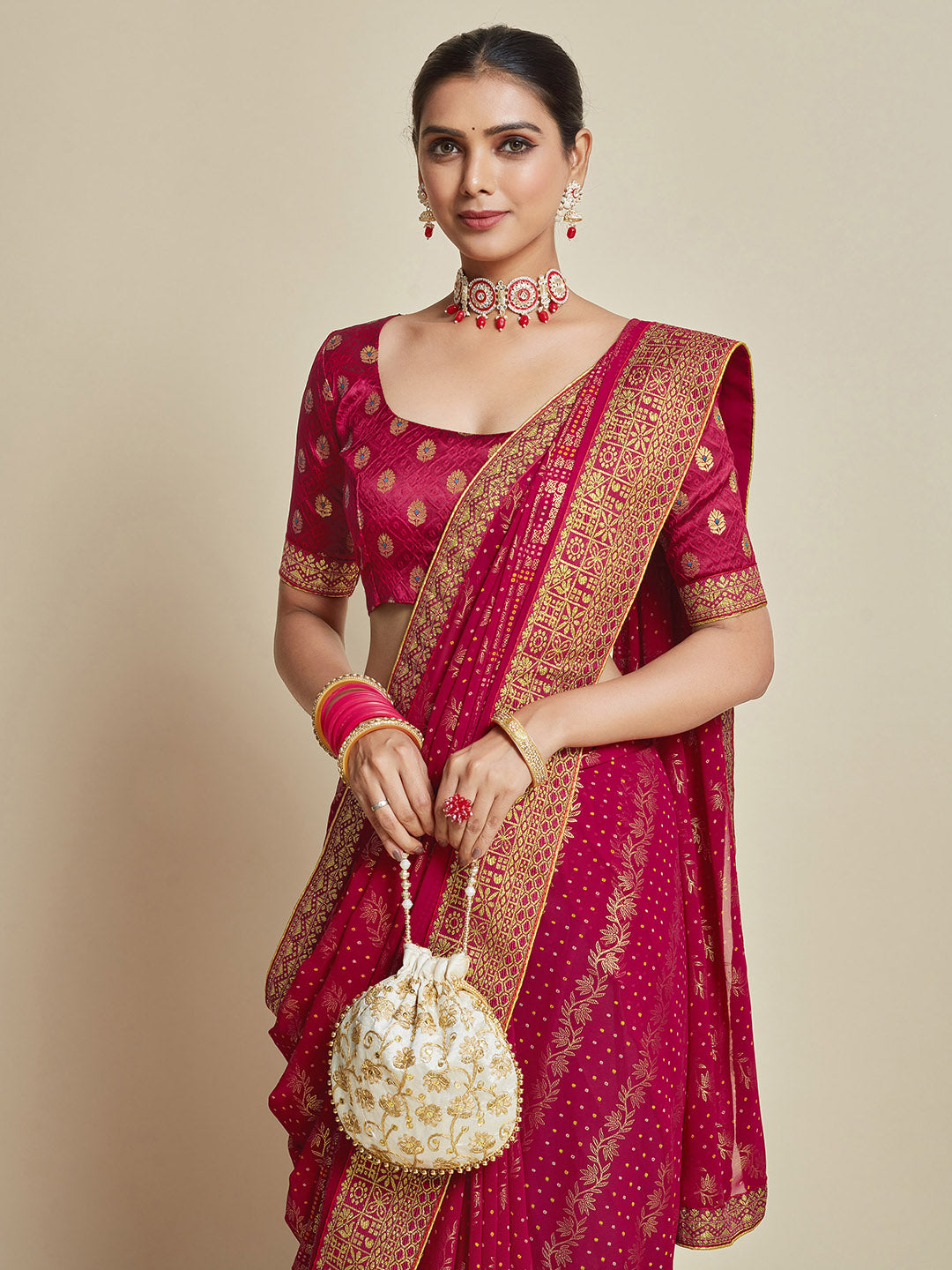 Sangria Pink Woven Design Zari Detail Poly Georgette Bandhani Saree - Distacart