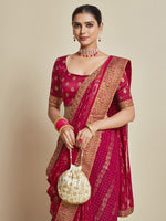 Thumbnail for Sangria Pink Woven Design Zari Detail Poly Georgette Bandhani Saree - Distacart