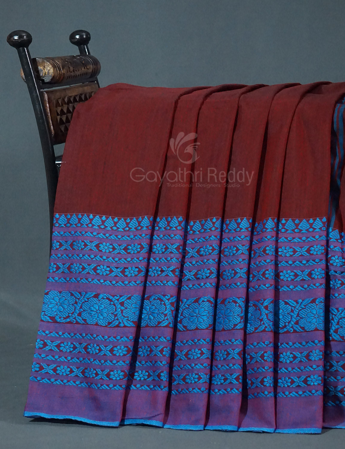 Maroon And Ink Blue Colour Pure Kadi Cotton Saree By Gayathri Reddy Designer Studio - Distacart