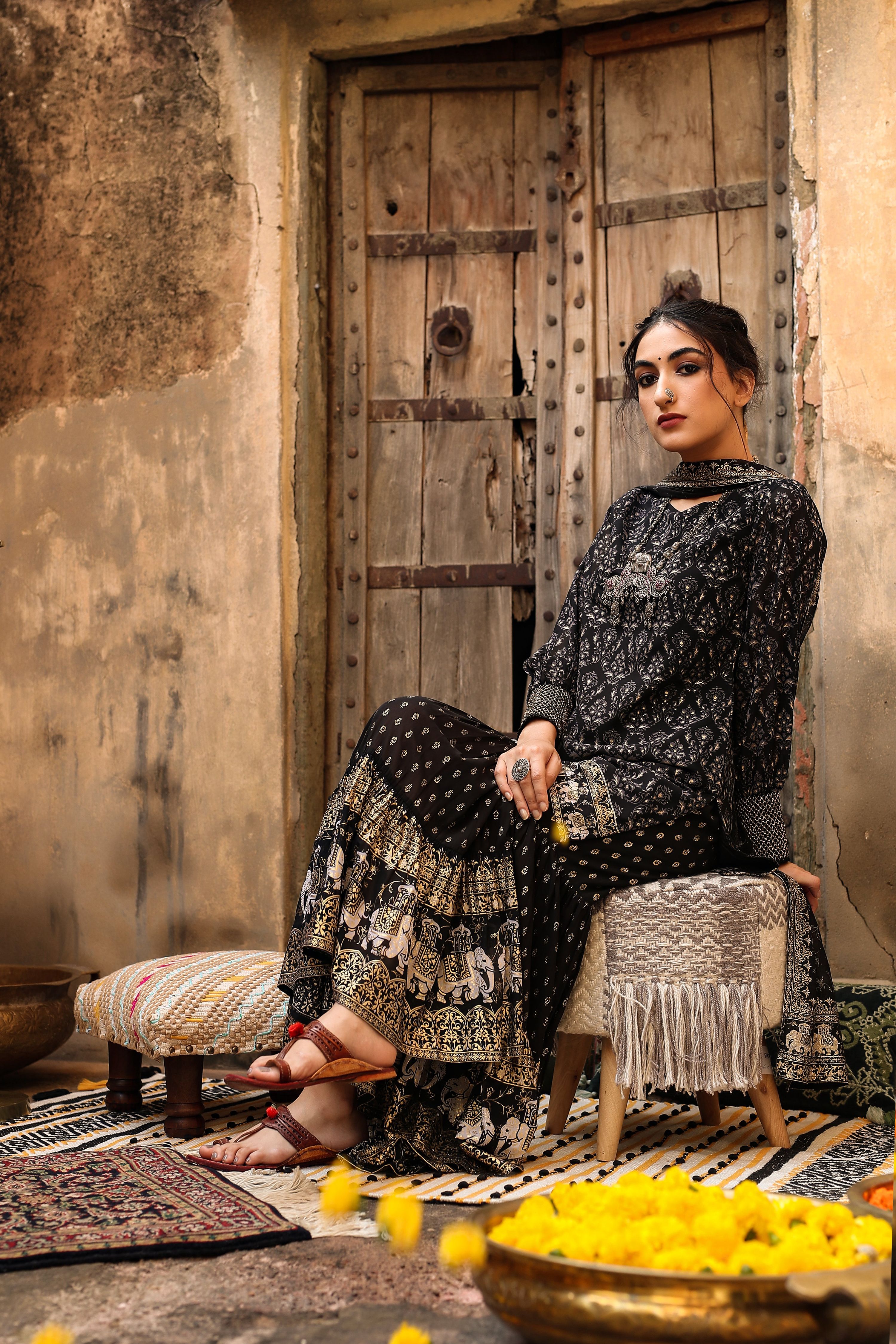 Juniper Women Black Georgette Printed Kurta, Sharara & Dupatta Set - Distacart