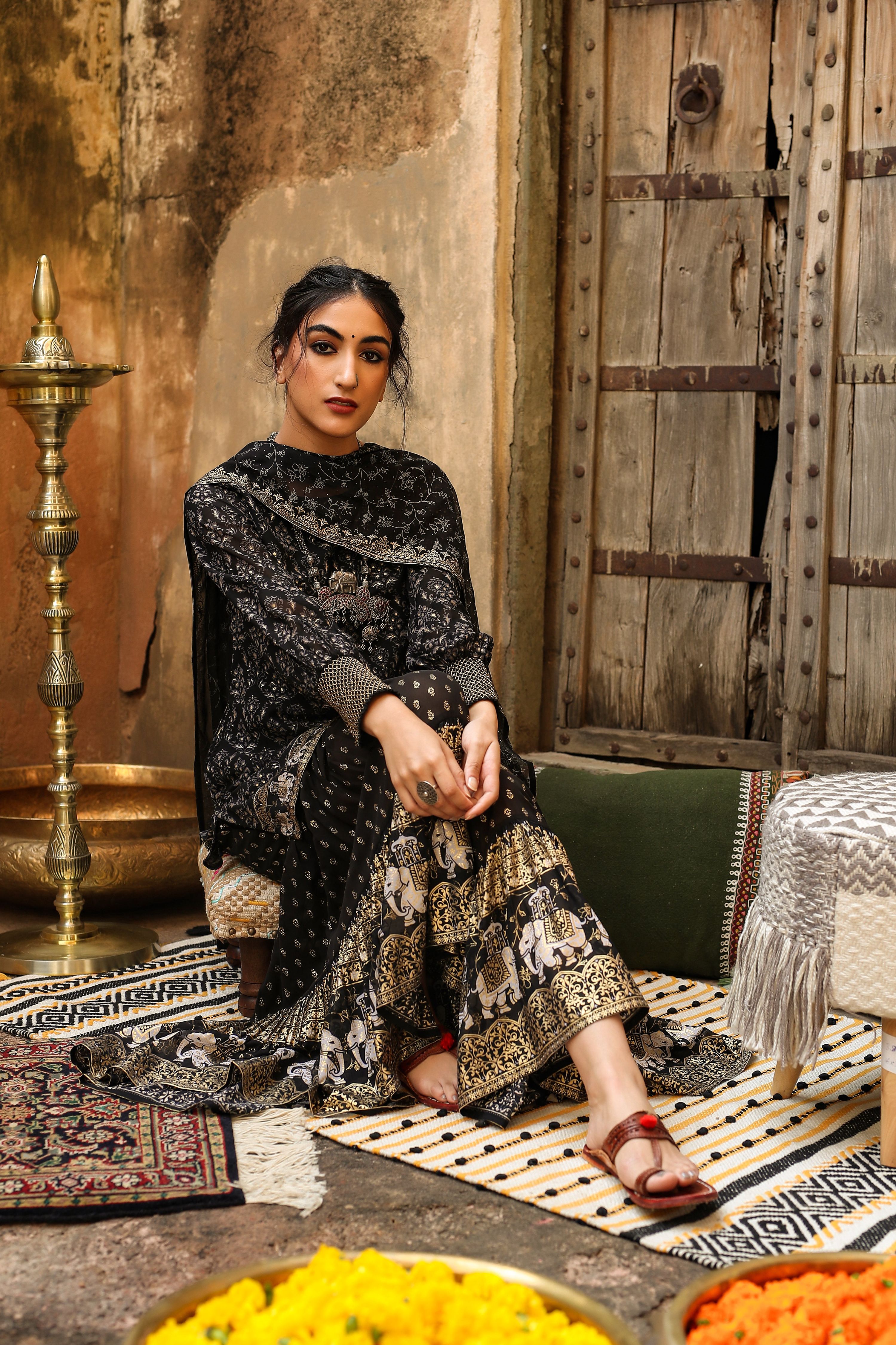 Juniper Women Black Georgette Printed Kurta, Sharara & Dupatta Set - Distacart