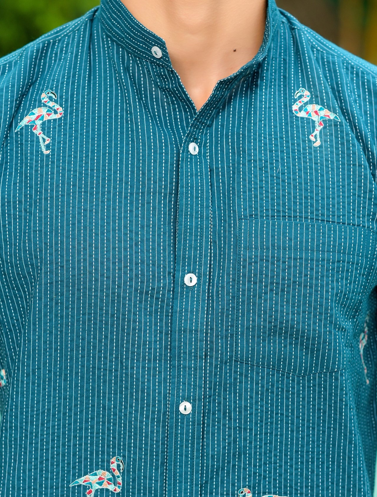 NOZ2TOZ Men Striped Mandarin Collar Cotton Casual Shirt - Blue - Distacart