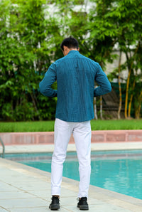 Thumbnail for NOZ2TOZ Men Striped Mandarin Collar Cotton Casual Shirt - Blue - Distacart