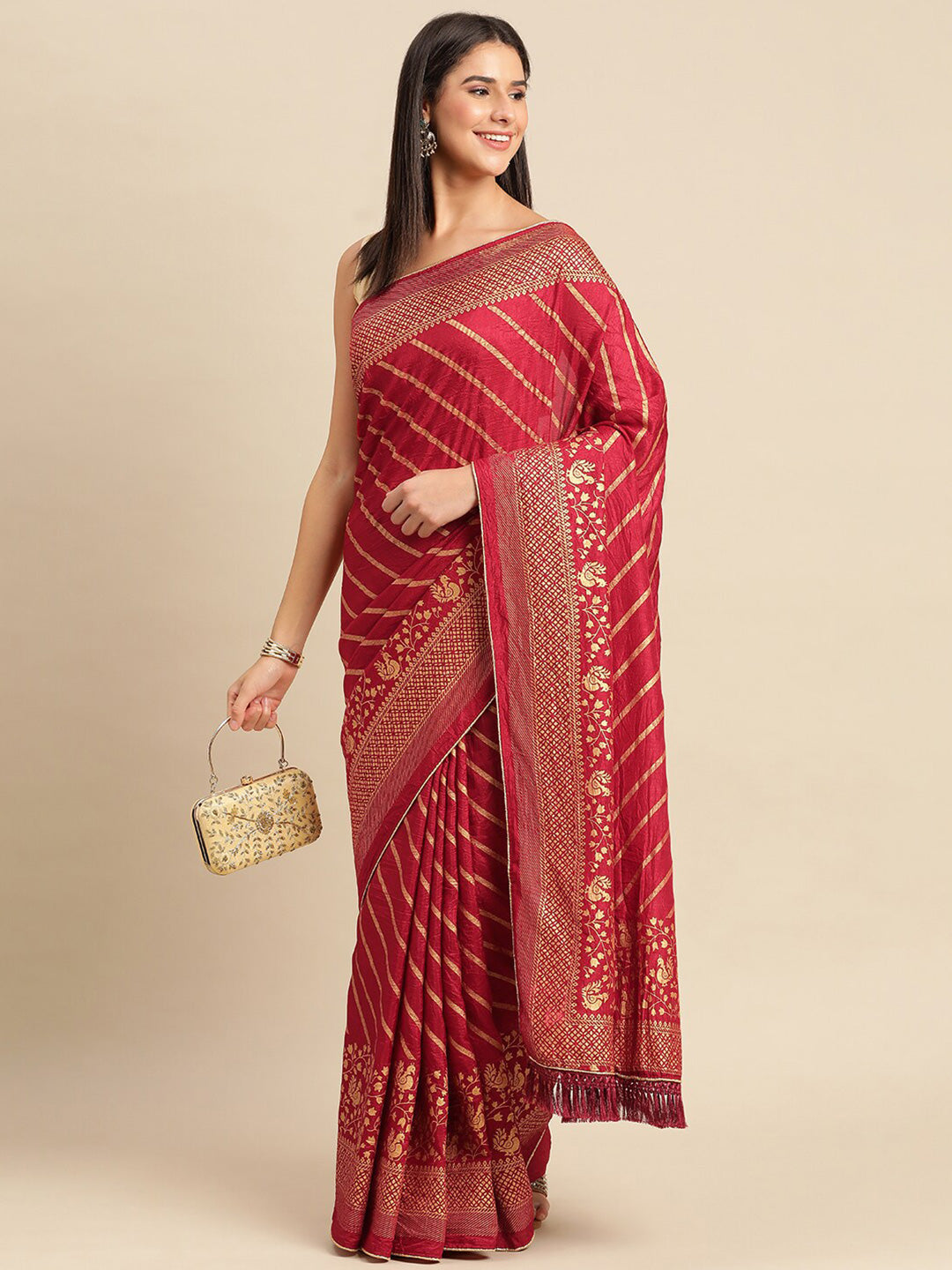 Kalini Striped Foil Work Vichitra Silk Saree - Distacart