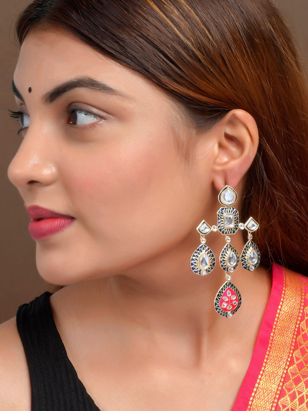 Shoshaa Gold-Plated Balck & Pink Kundan Enamel Drop Earrings - Distacart