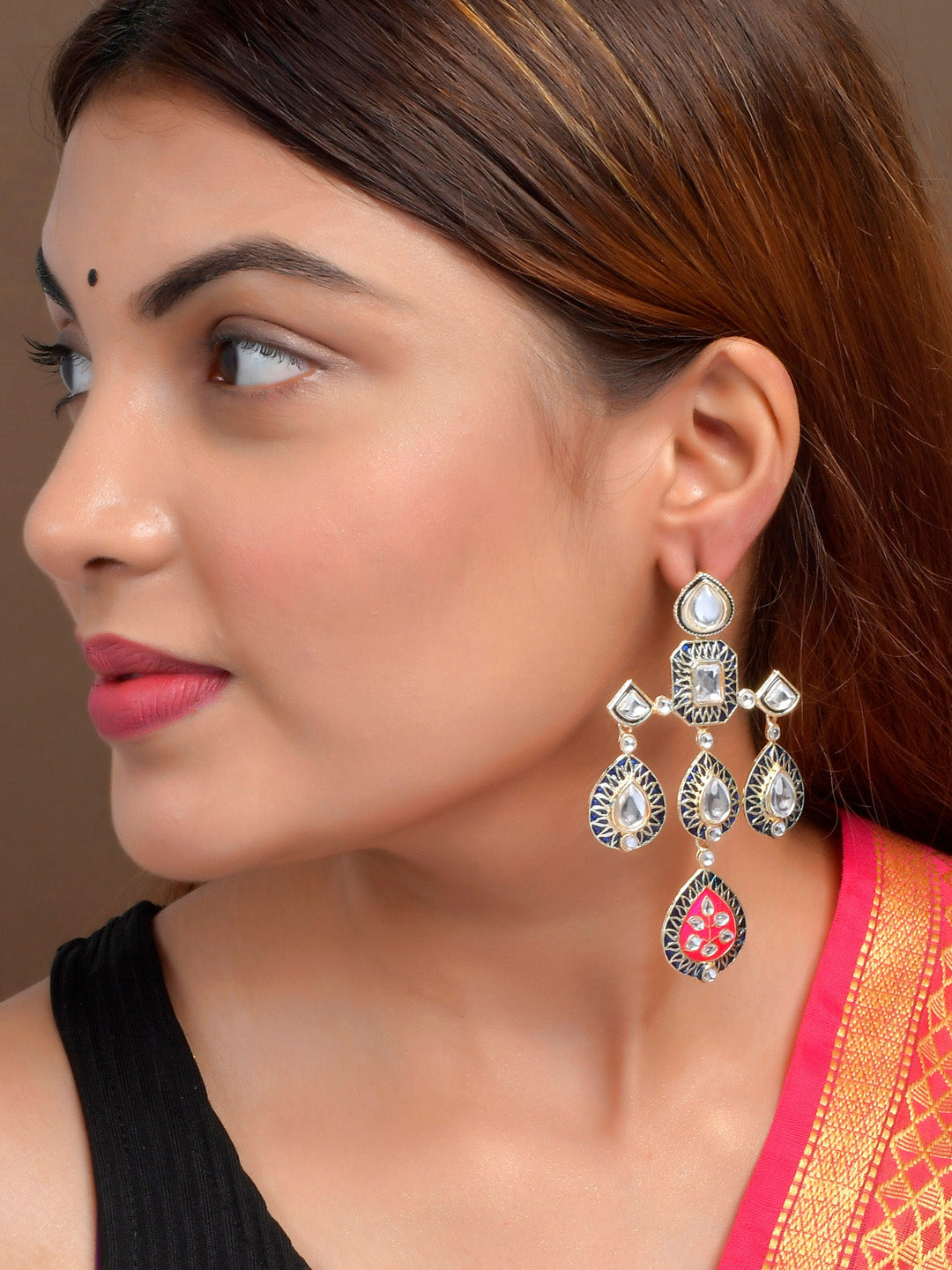 Shoshaa Gold-Plated Balck & Pink Kundan Enamel Drop Earrings - Distacart
