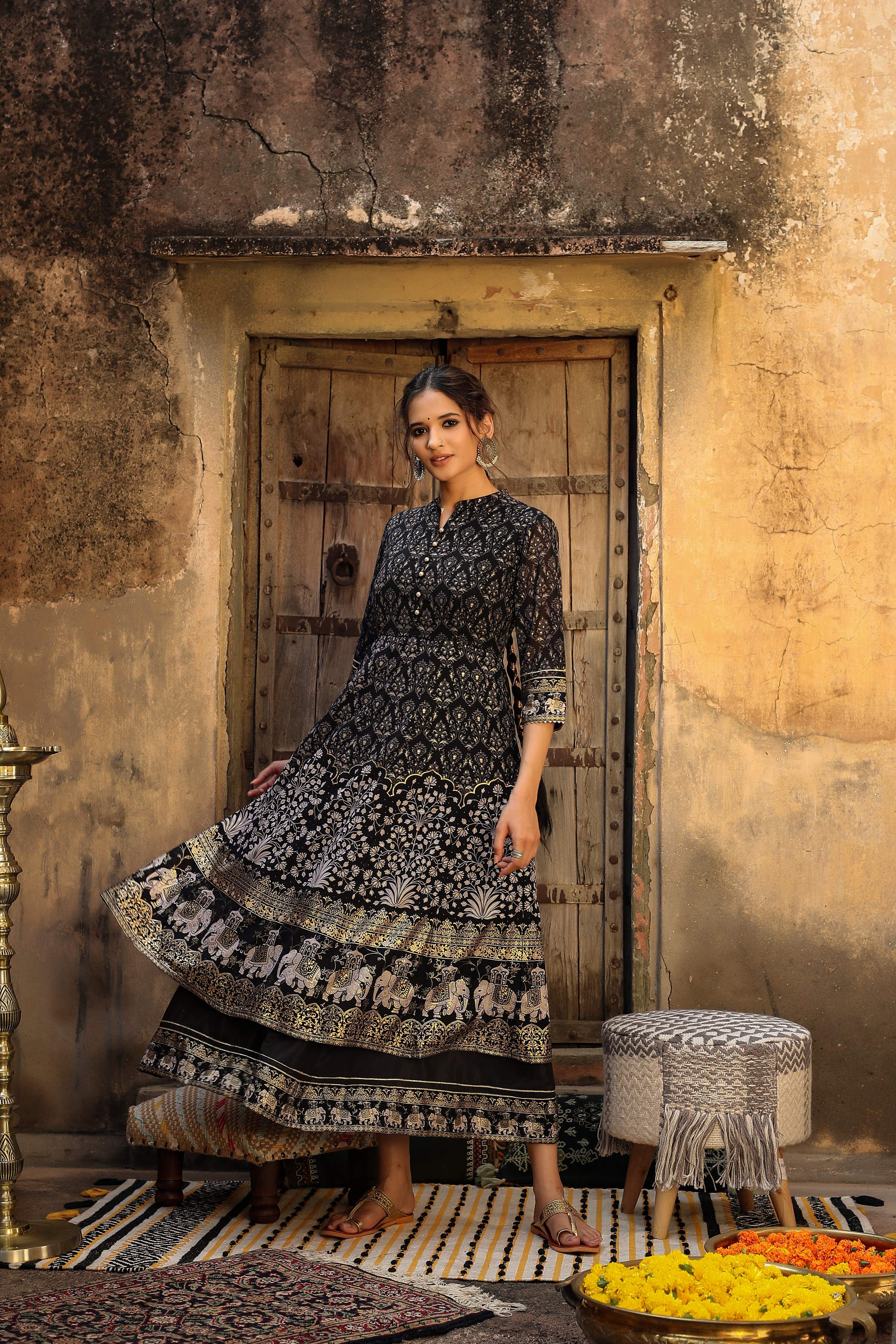Juniper Women Black Georgette Printed Flared Dress - Distacart