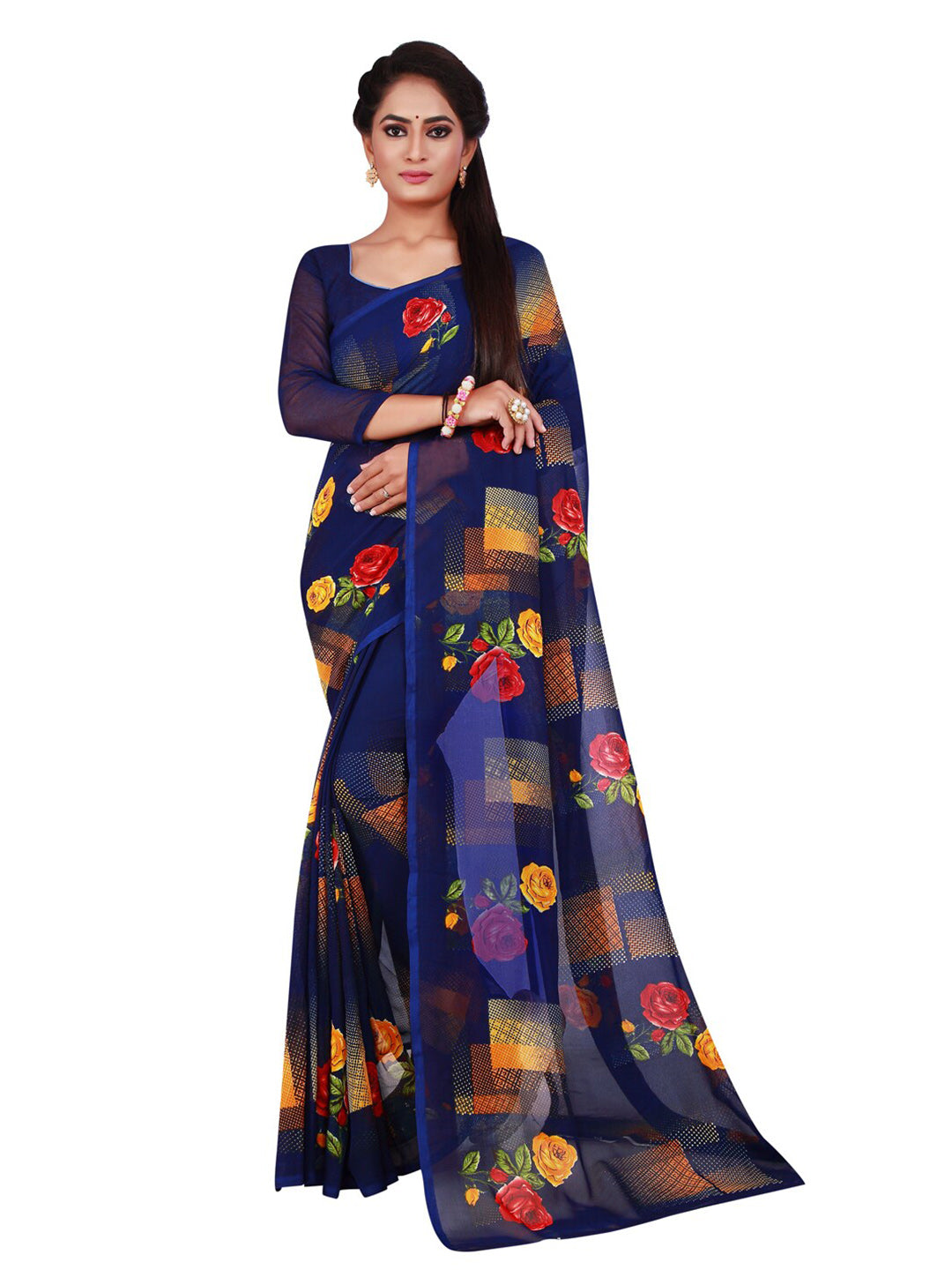 Kalini Pack Of 2 Navy Blue & Red Floral Printed Sarees - Distacart